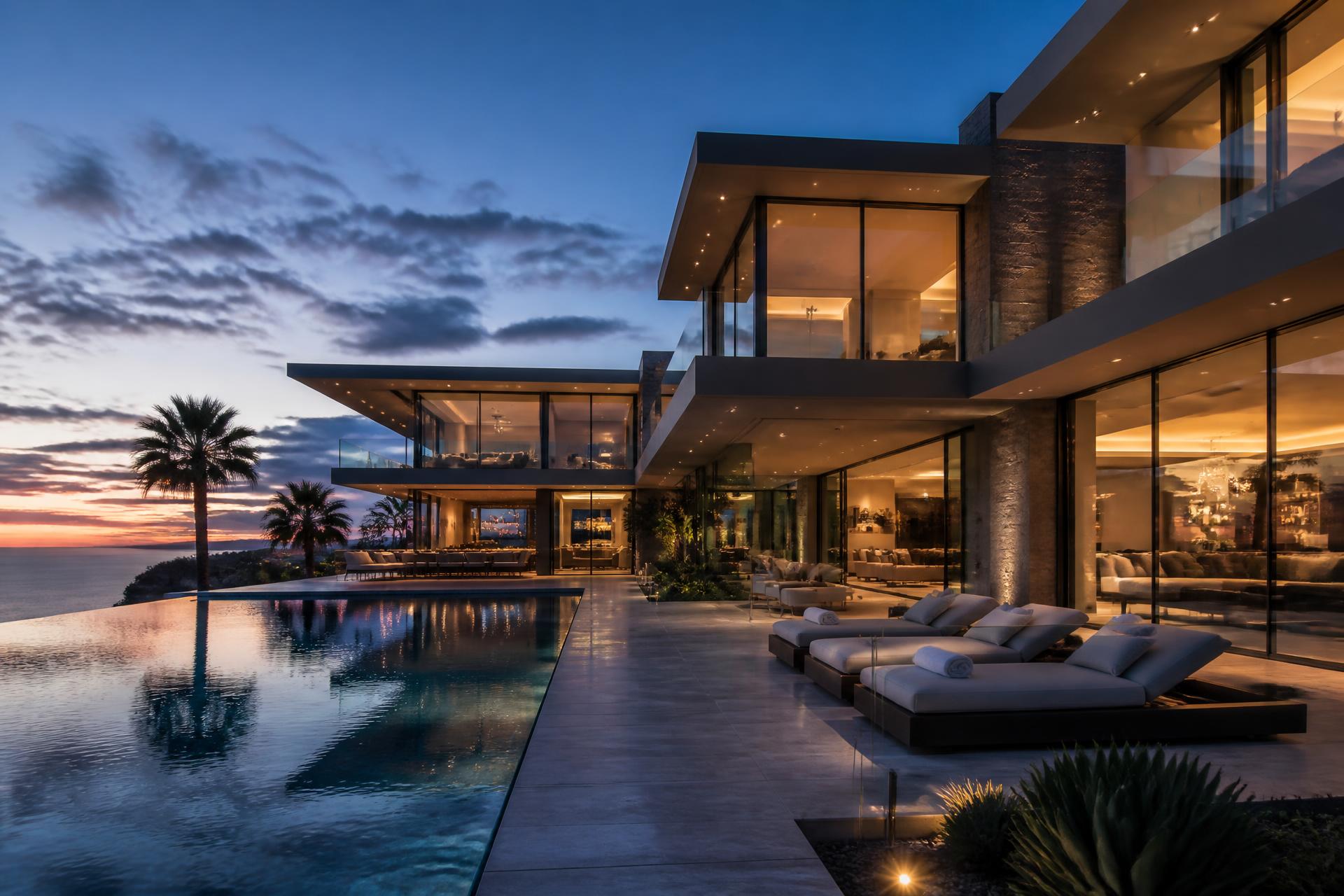 Luxury modern estate at twilight